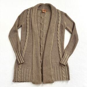 Tory Burch Gold Metallic Cable Knit Chunky Open Front Long Sleeve Cardigan S